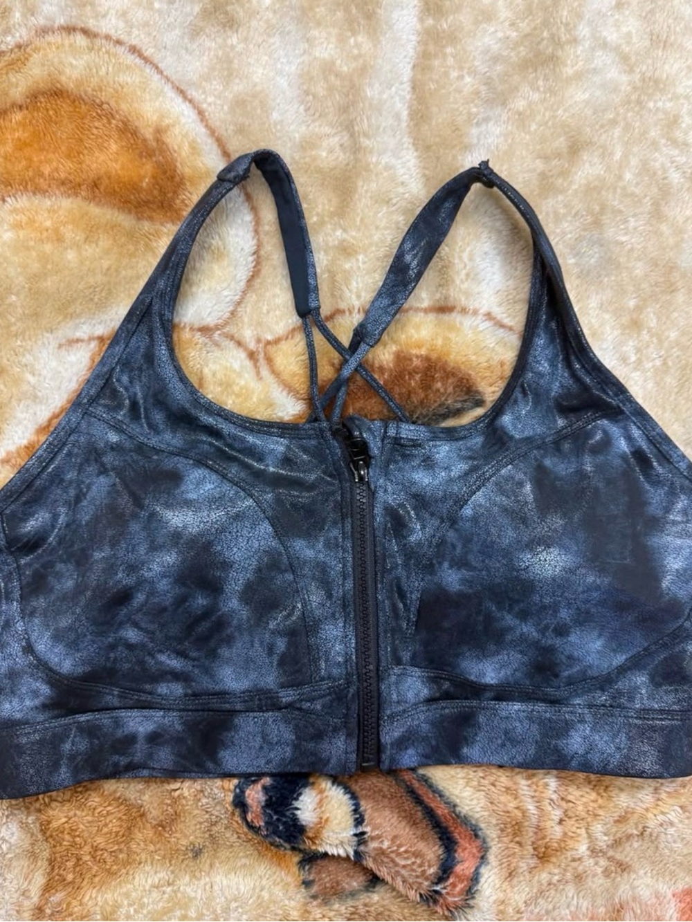 Syria Black Grey Tie-Dye Front Zip Racerback Sports Bra